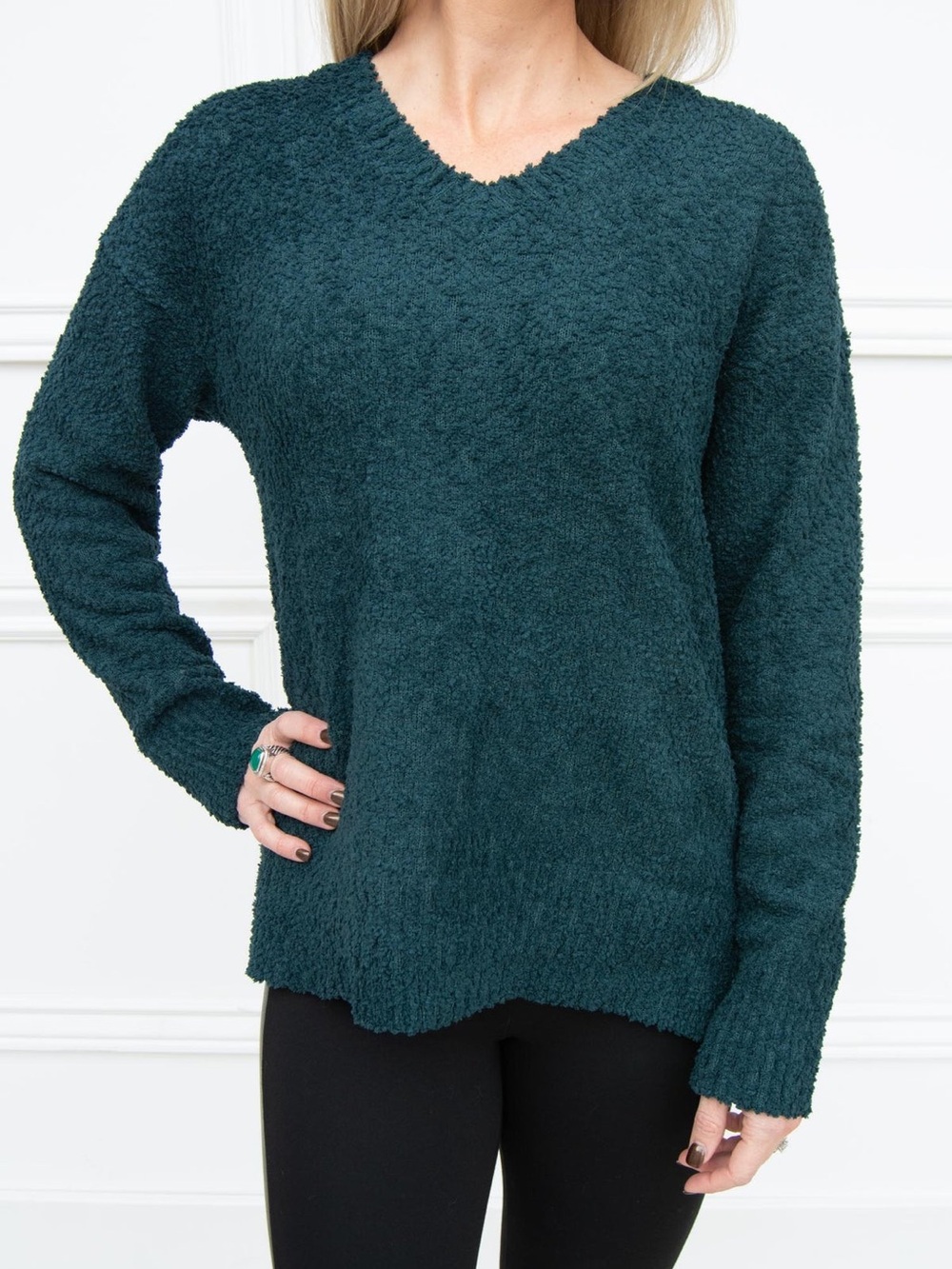 Sanctuary Plush Nubby V-Neck Sweater in Deep Teal size small